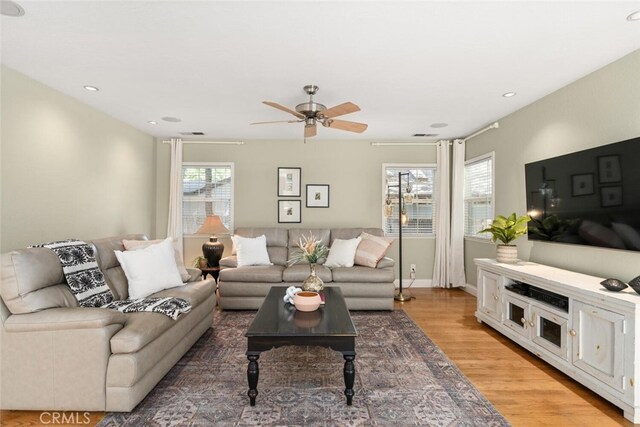 921 Arbutus Ave, Chico, CA 95926 - living room with light wood-style flooring, a ceiling fan, and recessed lighting