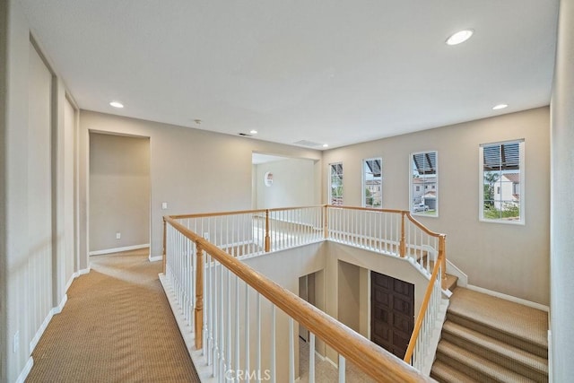 32475 Corte Barela, Temecula, CA 92592 - corridor with baseboards, recessed lighting, carpet floors, and an upstairs landing