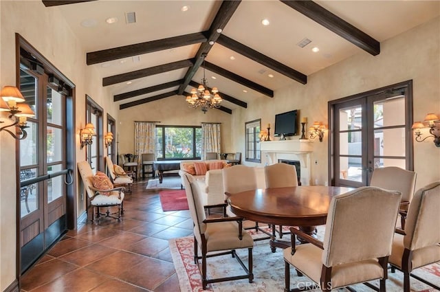4329 Junction St Unit 103, Corona, CA 92883 - dining room with french doors, beamed ceiling, a chandelier, a fireplace, and recessed lighting