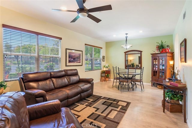 4329 Junction St Unit 103, Corona, CA 92883 - living room featuring ceiling fan, light wood finished floors, baseboards, and recessed lighting