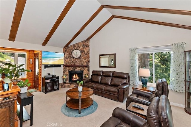145 Cumberland Dr, Lake Arrowhead, CA 92352 - living room featuring high vaulted ceiling, light carpet, a stone fireplace, and beamed ceiling
