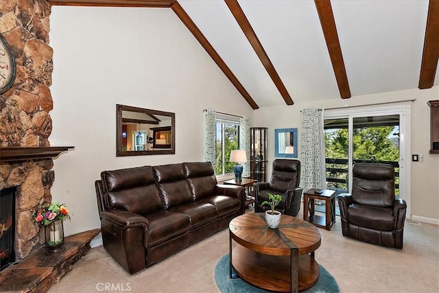 145 Cumberland Dr, Lake Arrowhead, CA 92352 - living room with light colored carpet, high vaulted ceiling, beam ceiling, and a fireplace