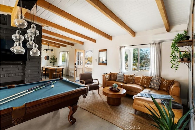 60515 Alta Loma Dr, Joshua Tree, CA 92252 - playroom featuring billiards, beam ceiling, and wooden ceiling