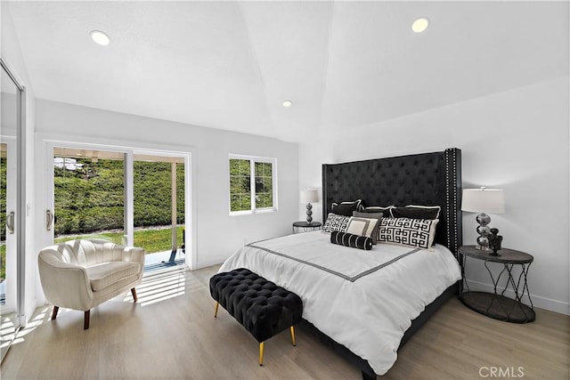 28412 Buena Vis, Mission Viejo, CA 92692 - bedroom with access to outside, wood finished floors, vaulted ceiling, recessed lighting, and baseboards