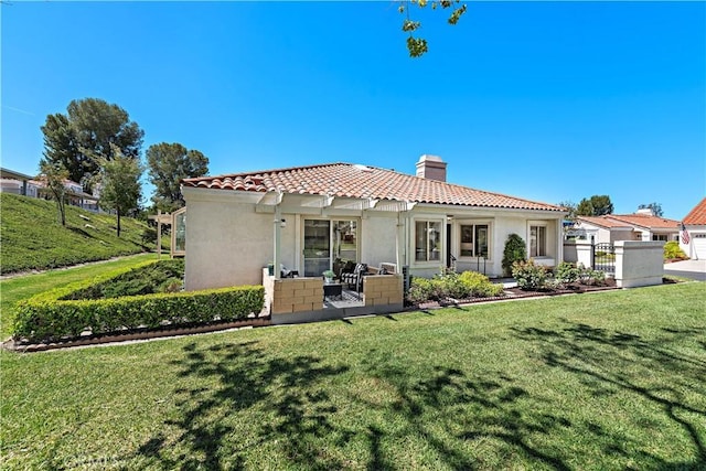 28412 Buena Vis, Mission Viejo, CA 92692 - back of house with a chimney, stucco siding, and a tiled roof