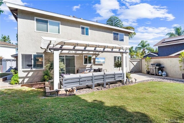 1421 Woodcrest Ave, Brea, CA 92821 - back of house featuring outdoor lounge area, stucco siding, a gate, a pergola, and a patio