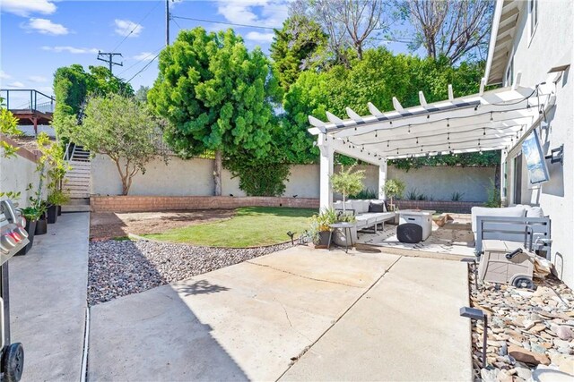 1421 Woodcrest Ave, Brea, CA 92821 - fenced backyard featuring a patio, a pergola, and outdoor lounge area