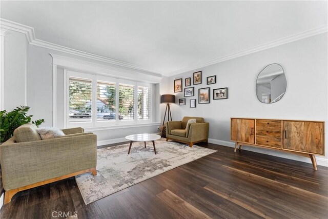 1421 Woodcrest Ave, Brea, CA 92821 - living area featuring crown molding, wood finished floors, and baseboards