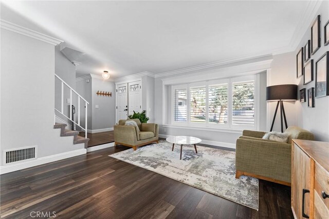 1421 Woodcrest Ave, Brea, CA 92821 - living room featuring wood finished floors, stairs, ornamental molding, and baseboards