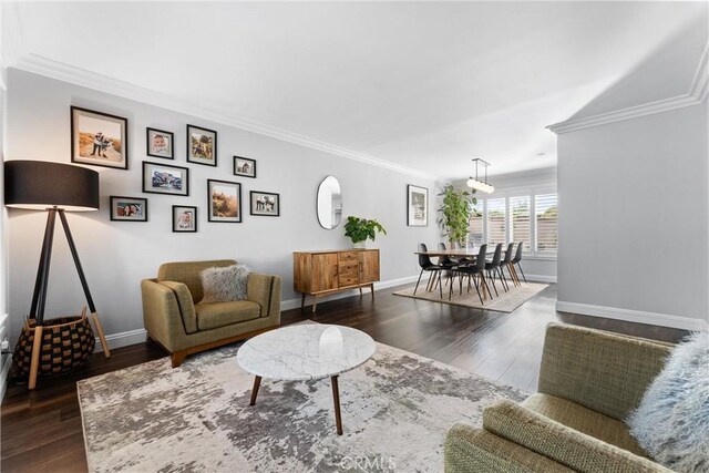 1421 Woodcrest Ave, Brea, CA 92821 - living room with crown molding, baseboards, and dark wood-type flooring