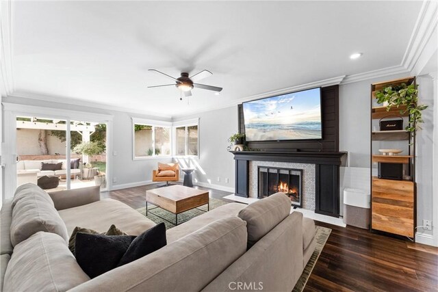 1421 Woodcrest Ave, Brea, CA 92821 - living area with ceiling fan, crown molding, dark wood-type flooring, baseboards, and recessed lighting