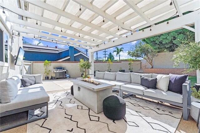 1421 Woodcrest Ave, Brea, CA 92821 - fenced backyard with an outdoor living space with a fire pit, a patio area, and a pergola