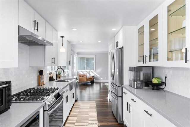 1421 Woodcrest Ave, Brea, CA 92821 - kitchen featuring under cabinet range hood, stainless steel appliances, a sink, glass insert cabinets, and tasteful backsplash
