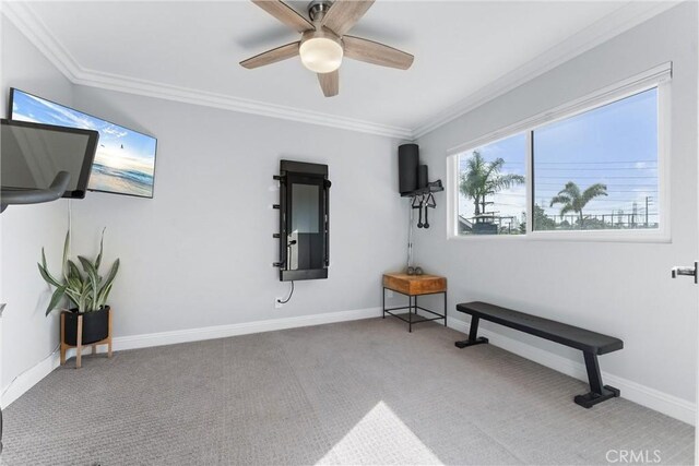 1421 Woodcrest Ave, Brea, CA 92821 - living area with carpet floors, ornamental molding, a ceiling fan, and baseboards