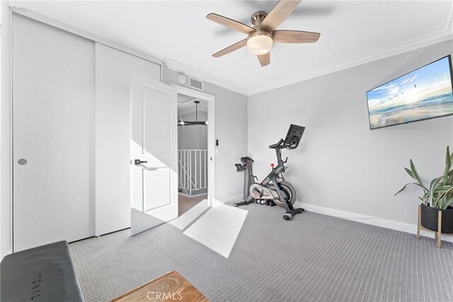 1421 Woodcrest Ave, Brea, CA 92821 - workout area with carpet flooring, ceiling fan, crown molding, and baseboards