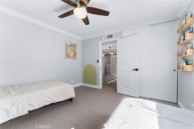 1421 Woodcrest Ave, Brea, CA 92821 - carpeted bedroom with crown molding, baseboards, and ceiling fan