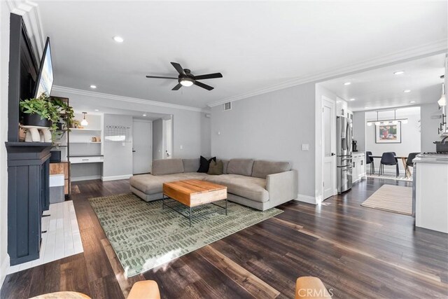 1421 Woodcrest Ave, Brea, CA 92821 - living room featuring ceiling fan, wood finished floors, recessed lighting, ornamental molding, and baseboards