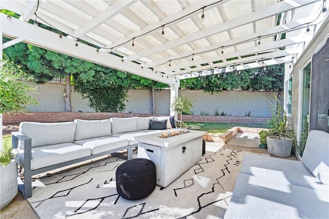1421 Woodcrest Ave, Brea, CA 92821 - fenced backyard featuring an outdoor living space with a fire pit, a pergola, and a patio area