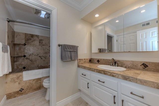 23342 Caminito Juanico Unit 304, Laguna Hills, CA 92653 - full bathroom featuring ornamental molding, vanity, a tile shower, and recessed lighting