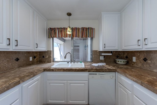 23342 Caminito Juanico Unit 304, Laguna Hills, CA 92653 - kitchen with white dishwasher, white cabinetry, tasteful backsplash, and decorative light fixtures