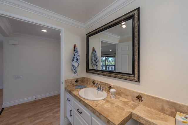 23342 Caminito Juanico Unit 304, Laguna Hills, CA 92653 - bathroom featuring vanity, wood finished floors, and crown molding