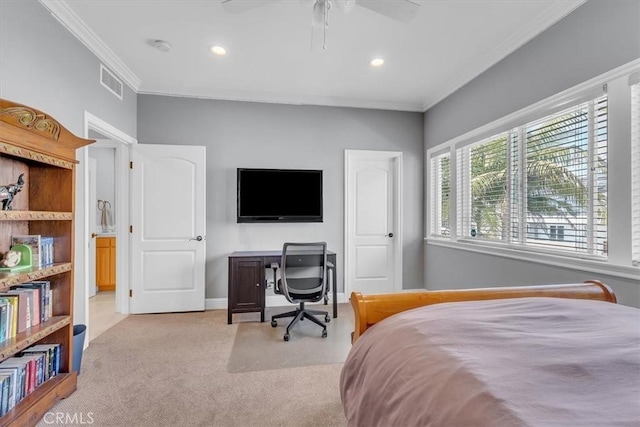 723 N Lucia Ave Unit A, Redondo Beach, CA 90277 - carpeted bedroom featuring crown molding, recessed lighting, baseboards, ceiling fan, and an office area