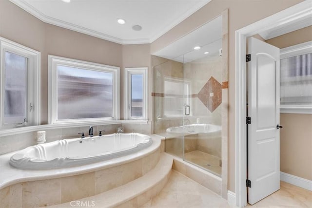723 N Lucia Ave Unit A, Redondo Beach, CA 90277 - full bath featuring a stall shower, a bath, ornamental molding, and recessed lighting