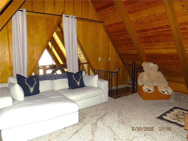 33020 Arrowbear, Running Springs, CA 92382 - living area with lofted ceiling, wood ceiling, wood walls, and carpet flooring