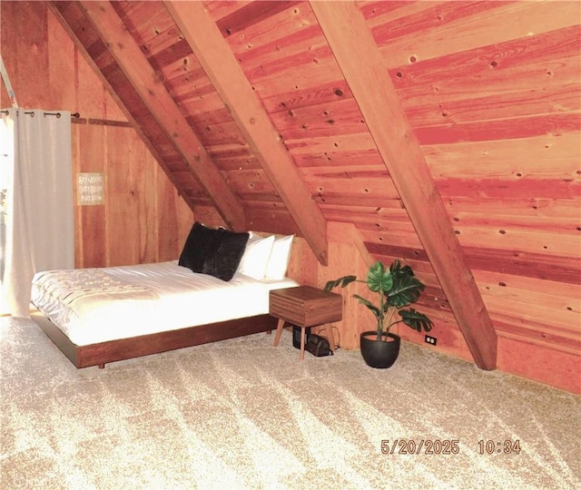 33020 Arrowbear, Running Springs, CA 92382 - carpeted bedroom featuring wooden ceiling and wooden walls