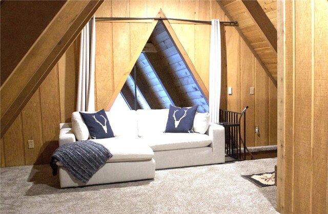 33020 Arrowbear, Running Springs, CA 92382 - sitting room with lofted ceiling, carpet, and wood walls