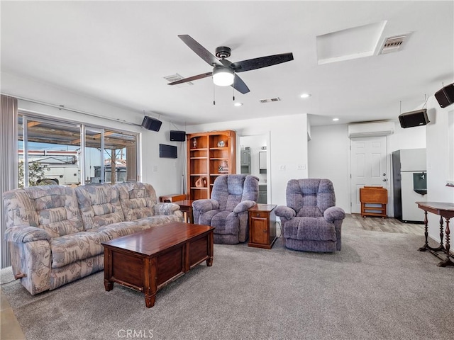 14060 Osage Rd, Apple Valley, CA 92307 - living room featuring a wall mounted air conditioner, ceiling fan, light carpet, and recessed lighting