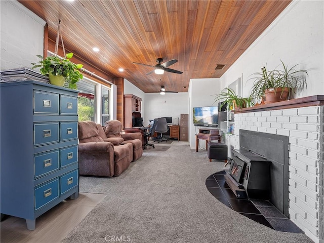 14060 Osage Rd, Apple Valley, CA 92307 - living room with wooden ceiling, an office area, a ceiling fan, recessed lighting, and a wood stove