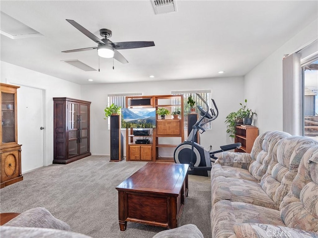 14060 Osage Rd, Apple Valley, CA 92307 - living room featuring ceiling fan, light carpet, recessed lighting, and baseboards