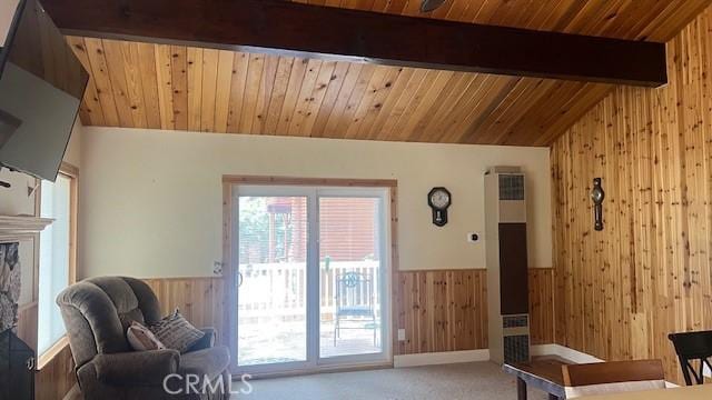 33421 Wild Rose Dr, Green Valley Lake, CA 92341 - living area featuring wood walls, wainscoting, carpet floors, and wood ceiling