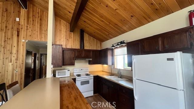 33421 Wild Rose Dr, Green Valley Lake, CA 92341 - kitchen with white appliances, a sink, under cabinet range hood, wooden ceiling, and dark brown cabinets