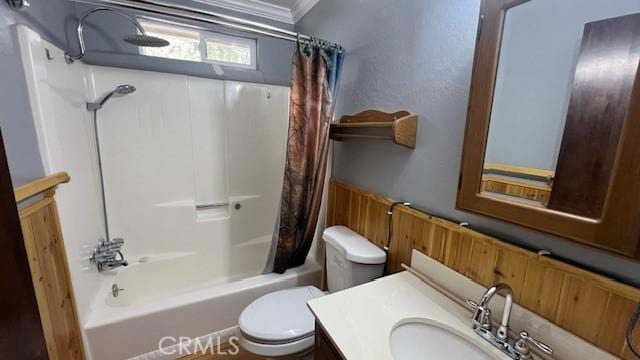 33421 Wild Rose Dr, Green Valley Lake, CA 92341 - full bathroom with toilet, shower / tub combo, vanity, and ornamental molding