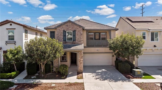 16119 Almond Ave, Chino, CA 91708 - traditional-style house featuring stone siding, stucco siding, an attached garage, driveway, and a tile roof
