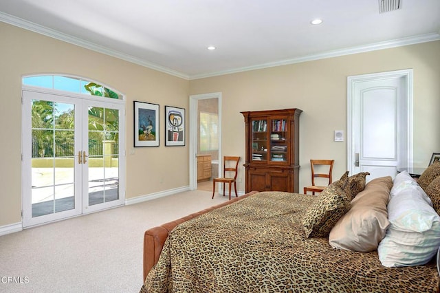 1690 Calle Tierra Vis, Camarillo, CA 93010 - carpeted bedroom featuring access to exterior, ornamental molding, baseboards, french doors, and recessed lighting