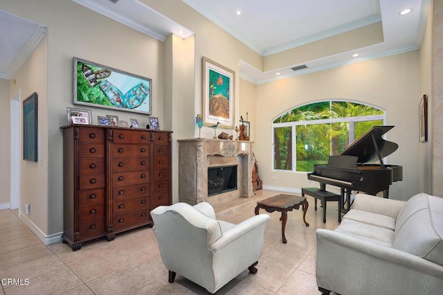 1690 Calle Tierra Vis, Camarillo, CA 93010 - living area with a premium fireplace, light tile patterned floors, ornamental molding, recessed lighting, and baseboards