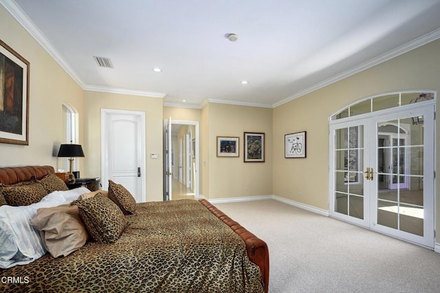 1690 Calle Tierra Vis, Camarillo, CA 93010 - bedroom with access to outside, crown molding, light colored carpet, recessed lighting, and baseboards