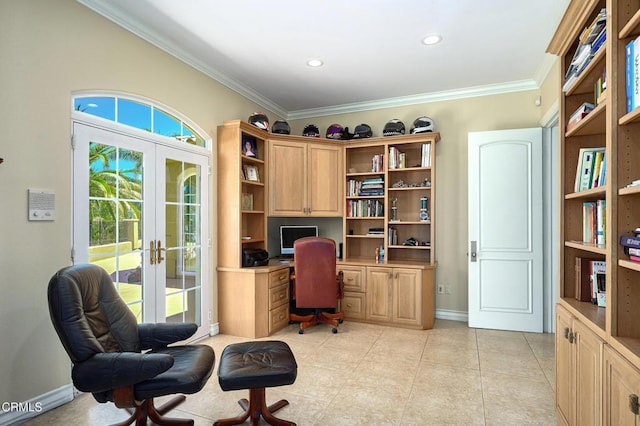 1690 Calle Tierra Vis, Camarillo, CA 93010 - home office featuring french doors, ornamental molding, baseboards, built in desk, and light tile patterned floors