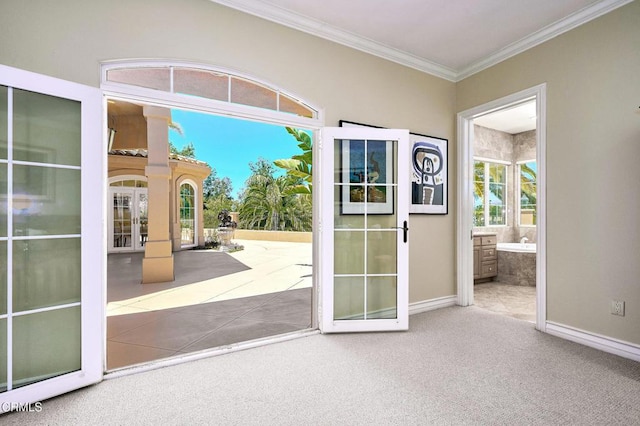 1690 Calle Tierra Vis, Camarillo, CA 93010 - doorway with crown molding, baseboards, carpet flooring, and french doors