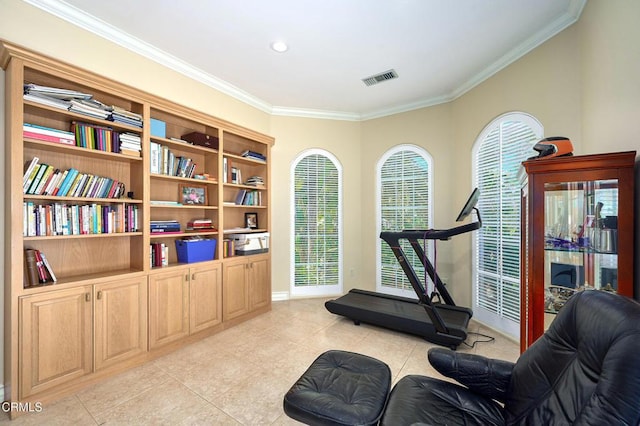 1690 Calle Tierra Vis, Camarillo, CA 93010 - exercise room featuring crown molding, light tile patterned floors, and baseboards