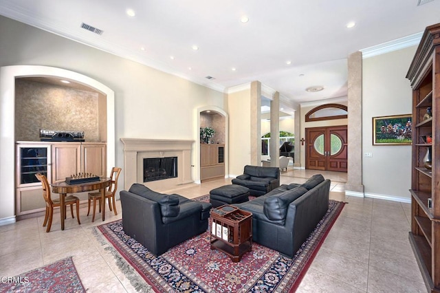 1690 Calle Tierra Vis, Camarillo, CA 93010 - living room featuring crown molding, baseboards, light tile patterned floors, recessed lighting, and a premium fireplace