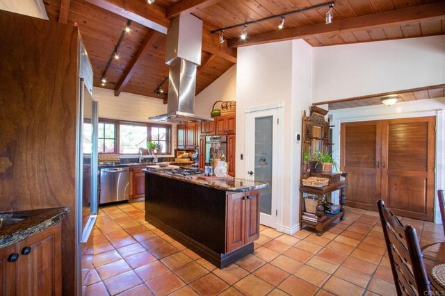 11105 Berry Rd, Valley Center, CA 92082 - kitchen with rail lighting, wooden ceiling, stainless steel appliances, island exhaust hood, and dark stone countertops