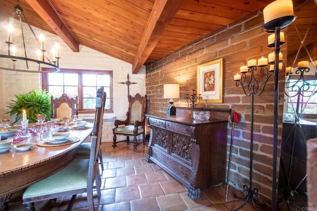 11105 Berry Rd, Valley Center, CA 92082 - dining space with wood ceiling, brick wall, a chandelier, and stone finish flooring
