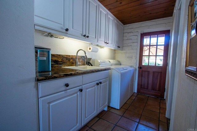 11105 Berry Rd, Valley Center, CA 92082 - washroom featuring wood ceiling, cabinet space, washing machine and clothes dryer, and light tile patterned flooring