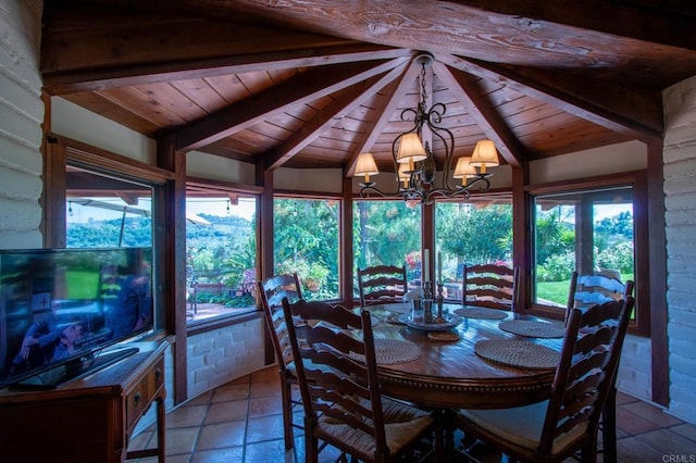 11105 Berry Rd, Valley Center, CA 92082 - dining space with a chandelier, stone tile floors, wooden ceiling, and healthy amount of natural light