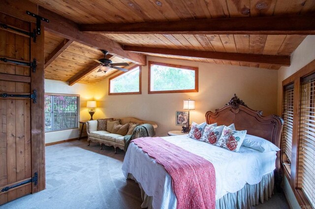 11105 Berry Rd, Valley Center, CA 92082 - bedroom with wooden ceiling, carpet flooring, and a barn door