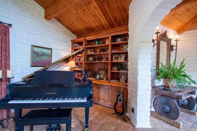 11105 Berry Rd, Valley Center, CA 92082 - sitting room with wooden ceiling, brick wall, and stone tile floors